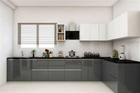 Dark Grey L-Shaped Kitchen Design | Modern Glossy Laminates