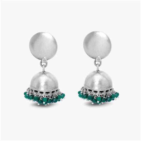 Green Beads Silver Jhumka Earrings