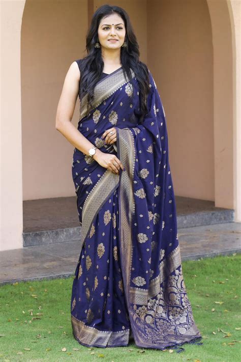 Fantabulous Navy Blue Soft Banarasi Silk Saree With Woebegone Blouse P ...
