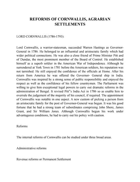 Reforms OF Cornwallis, Agrarian Settlements - REFORMS OF CORNWALLIS ...