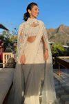 Buy White Cape Net Saree Foil Georgette Pearls, Bead V Neck Embellished ...