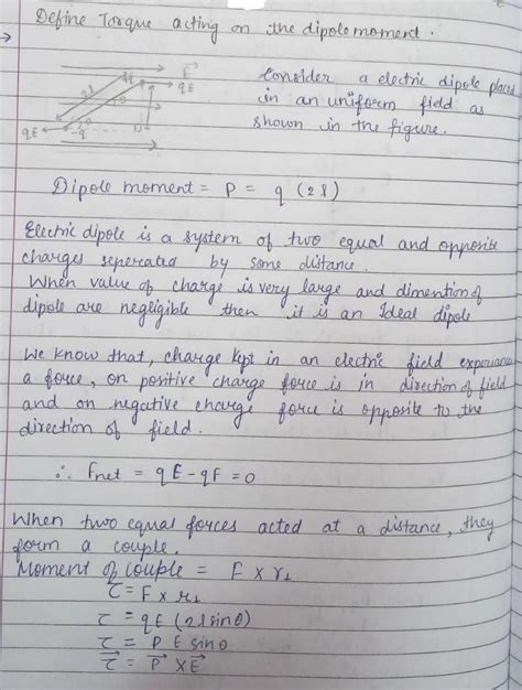 (a) Define torque acting on a dipole moment p Placed in a uniform ...