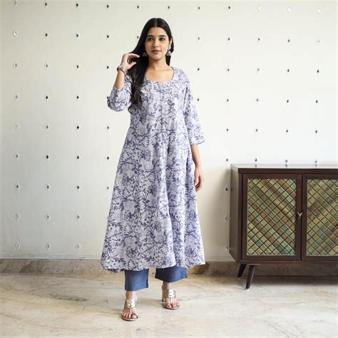 Grey Block Print Cotton A-Line Sanganeri Kurta for Women