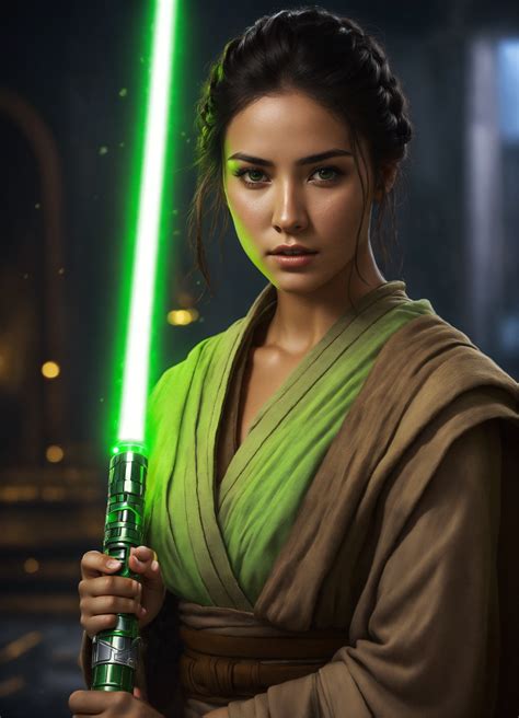 Lexica - Young woman, jedi knight, holding two green lightsabers, olive ...