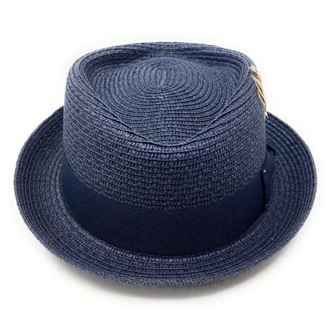 Straw Diamond Crown Pork Pie Hat with Removable Feather - Grey