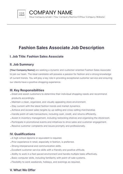 Free Fashion Sales Associate Job Description Template to Edit Online