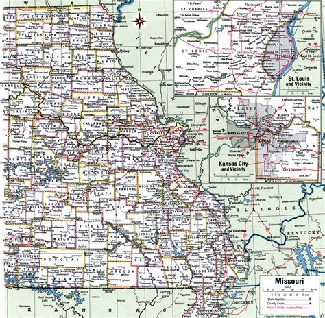 Map of Missouri showing county with cities,road highways,counties,towns