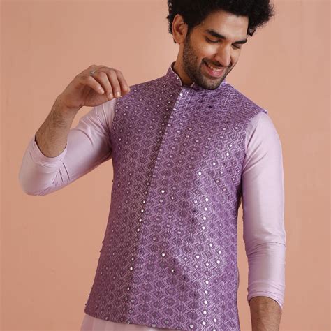 Men Lilac Mirror Work Embroidered Nehru Jacket – Kisah