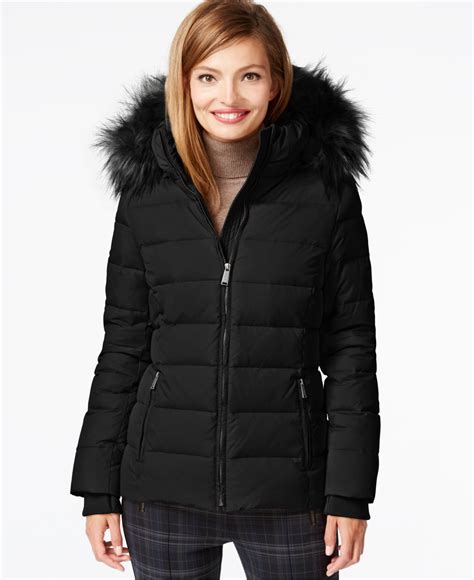 Dkny Faux-fur-trim Hooded Down Coat in Black | Lyst