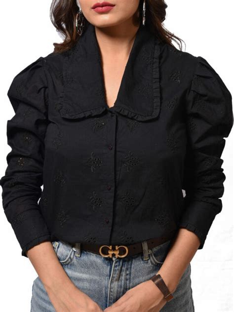 Black Schiffli Big Collar Shirt – CHIKARI