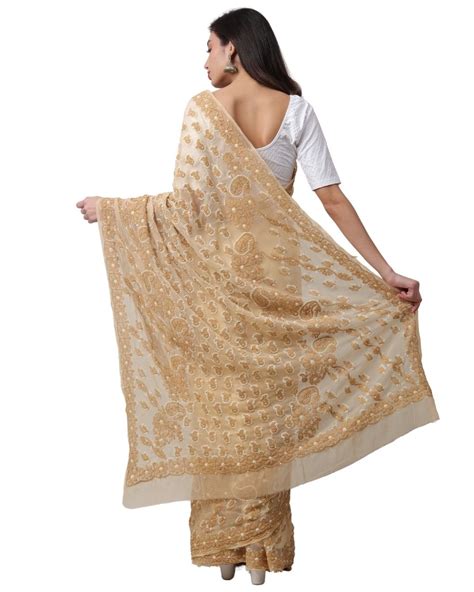Beige Lucknowi Chikankari Georgette Saree
