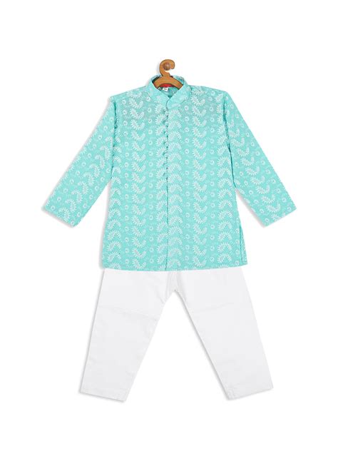 VASTRAMAY SISHU Boy's Green Chikankari Pure Cotton Kurta With White Py ...