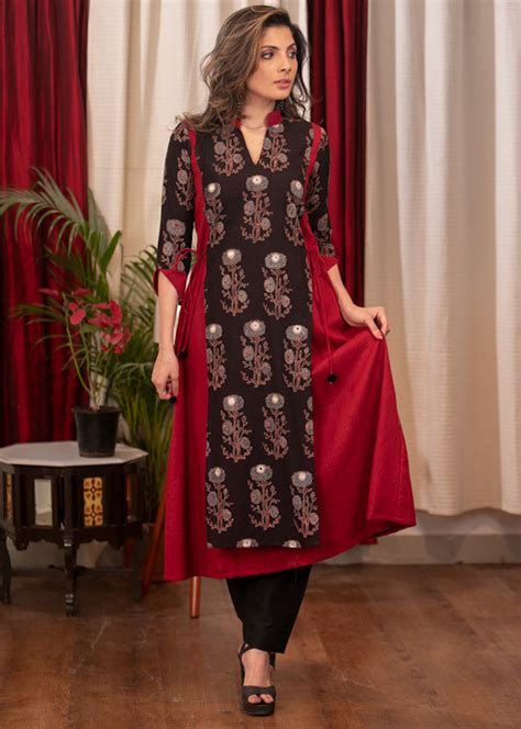 A - Line Maroon Cotton Slub tie string kurta With Beautiful mirror wor ...