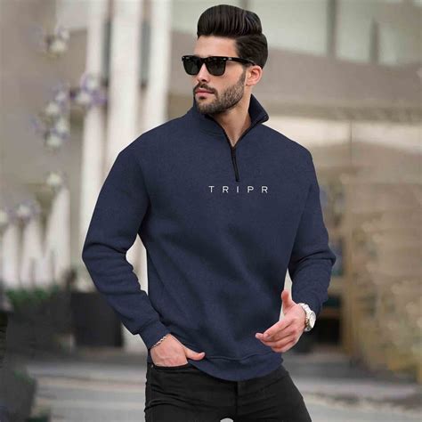 Men Navy blue Zipper High Neck Sweatshirt – TRIPR