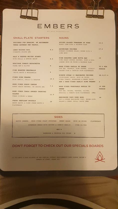 Menu at Embers restaurant, Scarborough