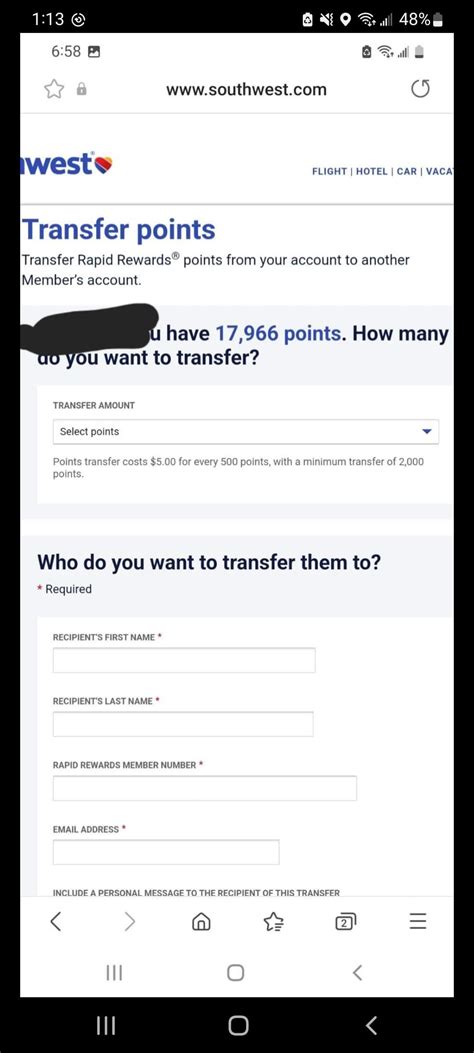 I was trying to transfer rewards points from Southwest to a friend only ...