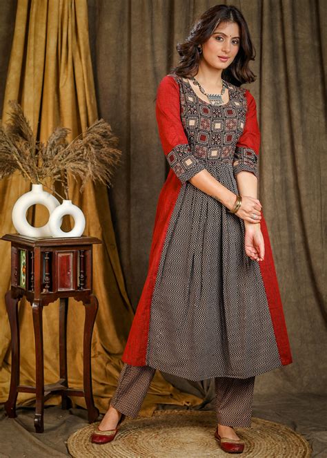 A-Line Cotton Ajrakh Combination Kurta with Gathers in front- Matching ...