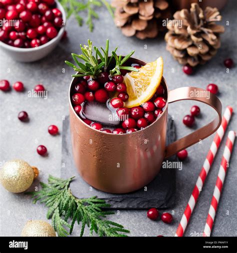 Christmas Moscow mule, holiday drink in a copper mug. Grey stone ...