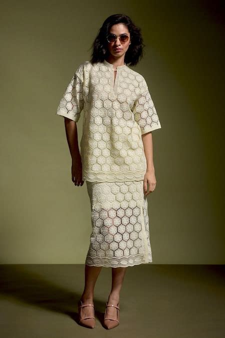 Buy Yellow Polyester Lace Mandarin Collar Geometric Cutout Top And Pant ...