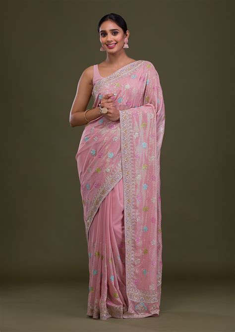 Buy Pink Sequins Georgette Saree - Koskii