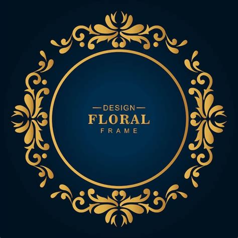 Decorative artistic luxury golden circular floral frame blue background ...
