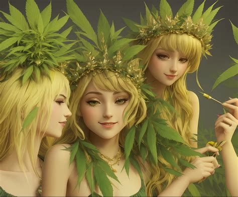 Three women with green leaves on their heads are smoking - SeaArt AI