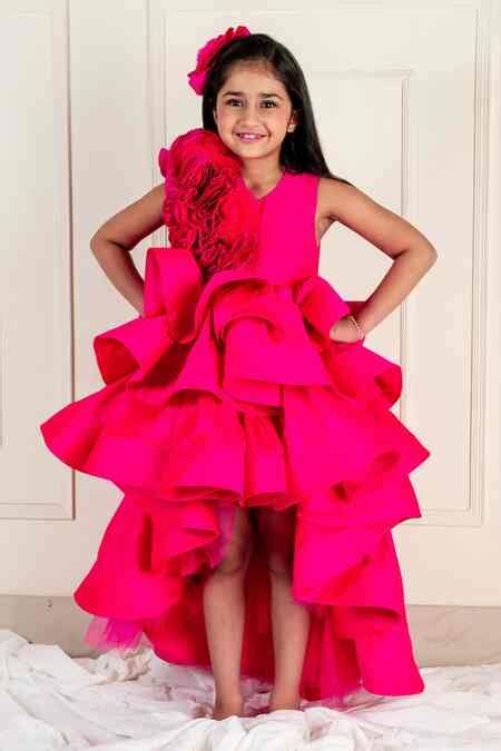 Buy Pink Silk Embellished Flora Ruched High Low Ruffled Dress For Girls ...