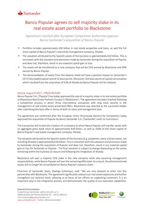 Banco Popular agrees to sell majority stake in its real estate asset portfolio to Blackstone | PDF