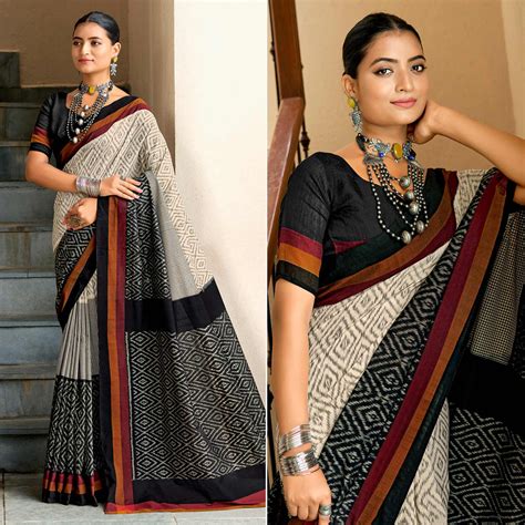Beige & Black Ikkat Printed Mulmul Cotton Saree