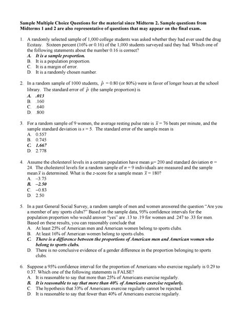 Sample Final MCKey - Multiple Choice Questions - Sample Multiple Choice ...
