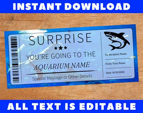 Surprise Aquarium Gift Ticket, Surprise Aquarium Trip Certificate Card Coupon Voucher, Printable ...