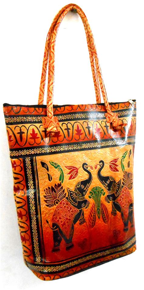 Twin Royal Elephants Design Ethnic Hand Embossed Shantiniketan Leather ...