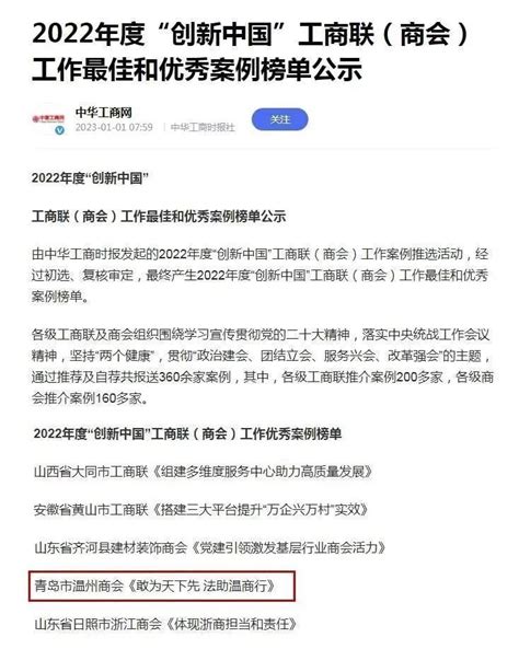 青岛市温州商会荣获中华工商时报2022年度“创新中国”工商联（商会）工作优秀案例_腾讯新闻