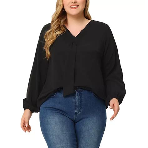 Women's Plus Size Fashion Work Long Sleeves Ribbon Front Chiffon Blouse
