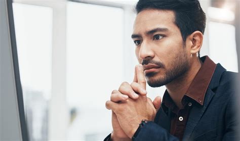 Office thinking and face of man at computer concentration or ...