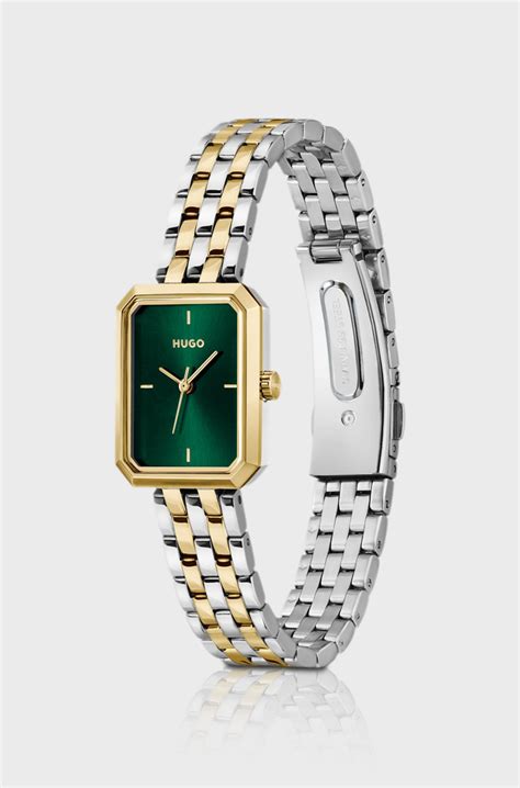 HUGO - Rectangular two-tone watch with green dial - Gold tone