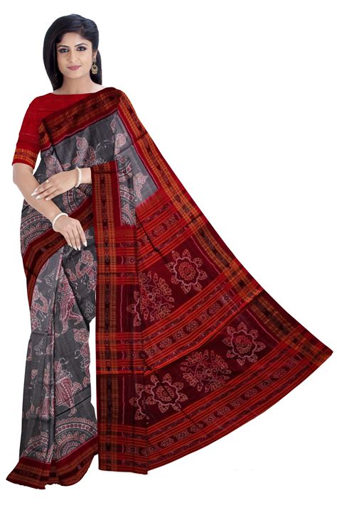 Dancing nartaki sambalpuri cotton saree in Grey and maroon color.