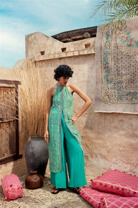 Buy Teal Festive Embroidered Ikat inspired Viscose Kurta set Online for ...