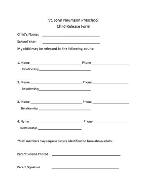 Fillable Online St John Neumann Preschool Child Release Form Fax Email ...