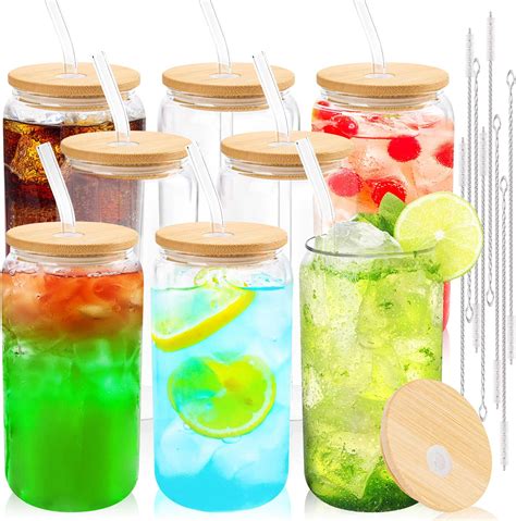 Amazon.com: SENTVEND 16 Oz Drinking Glasses with Bamboo Lids and Glass ...