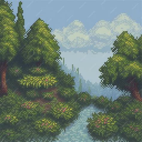 Pixel art que representa un río sereno que fluye a través de un bosque ...