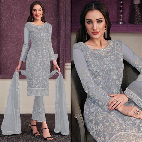 Grey Embroidered Netted Suit