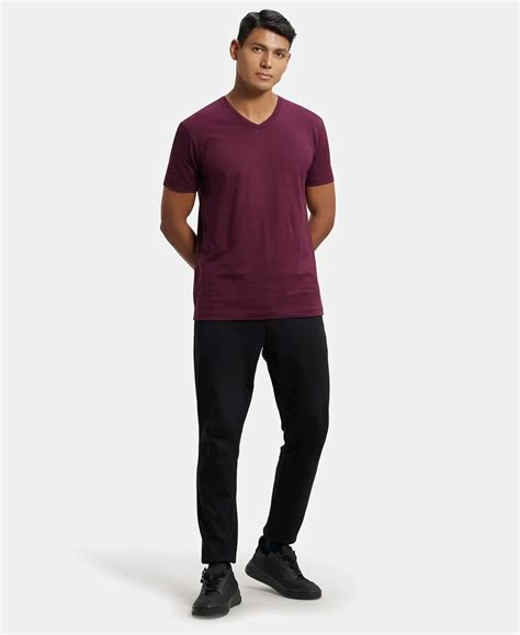 Buy Super Combed Cotton Rich Solid V Neck Half Sleeve T-Shirt - Wine ...