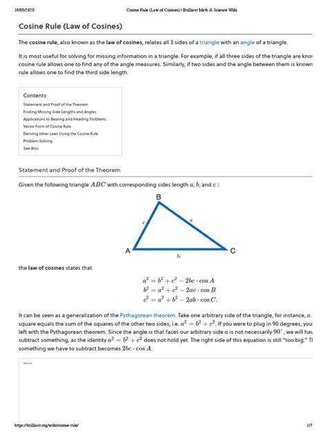 Cosine Rule (Law of Cosines) - Brilliant Math & Science Wiki | PDF | Trigonometric Functions ...