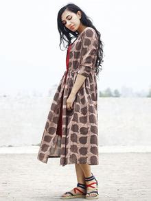 Brown Beige Maroon Hand Block Cotton Dress With TiE-Up Waist And Tasse ...