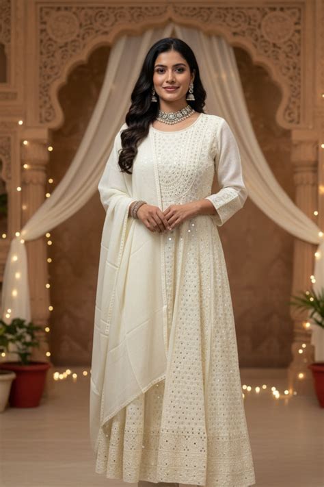 Ethereal Cream Mirror Work Anarkali Suit Set – Qurbat