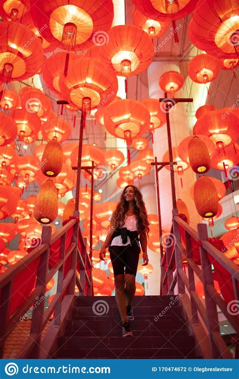 Woman Enjoying Traditional Red Lanterns Decorated for Chinese New Year ...
