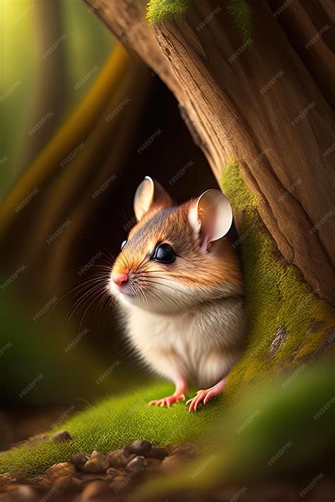 Wild Wood mouse peeking out from behind a tree on the forest floor ...