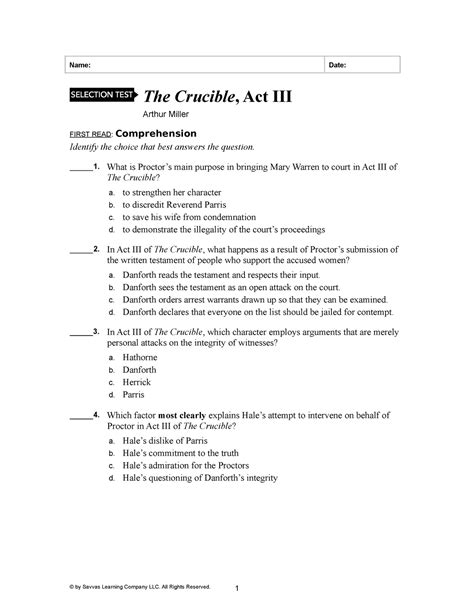 The crucible act 3 questions - Name: Date: The Crucible, Act III Arthur ...