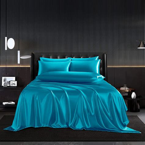 5Pcs Lake Blue Silky Satin Sheets Queen Satin Sheets Set Queen Size ...